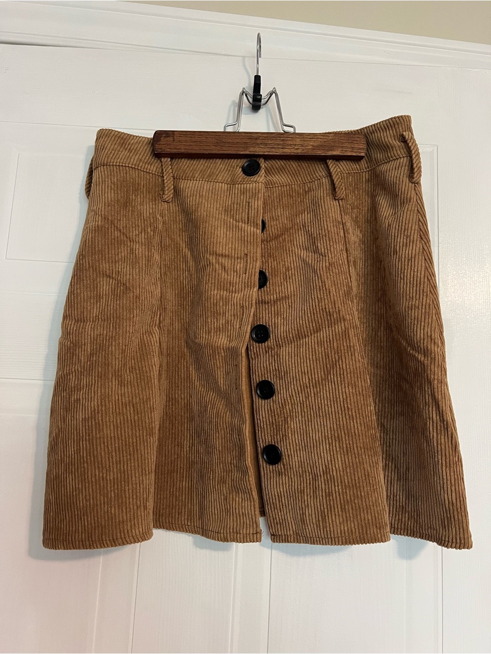 Corduroy Button-Front A-Line Skirt in Tan
